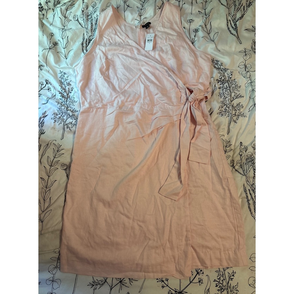 NEW Ann Taylor Light Pink Sleeveless Linen Blend V Neck Faux Wrap Dress, 14